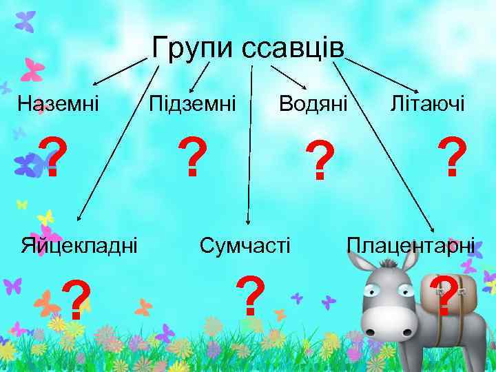 Групи ссавців Наземні Підземні Водяні Літаючі ? ? Яйцекладні Сумчасті Плацентарні ? ? ?