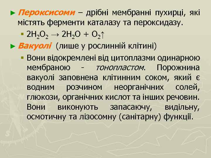 ► Пероксисоми – дрібні мембранні пухирці, які містять ферменти каталазу та пероксидазу. § 2