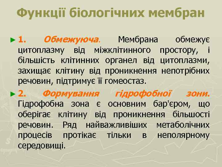 Функції біологічних мембран ► 1. Обмежуюча. Мембрана обмежує цитоплазму від міжклітинного простору, і більшість