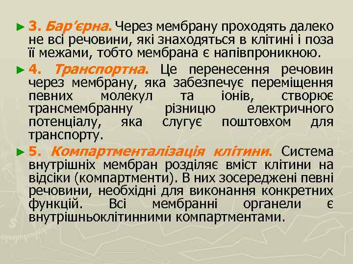 ► 3. Бар’єрна. Через мембрану проходять далеко не всі речовини, які знаходяться в клітині