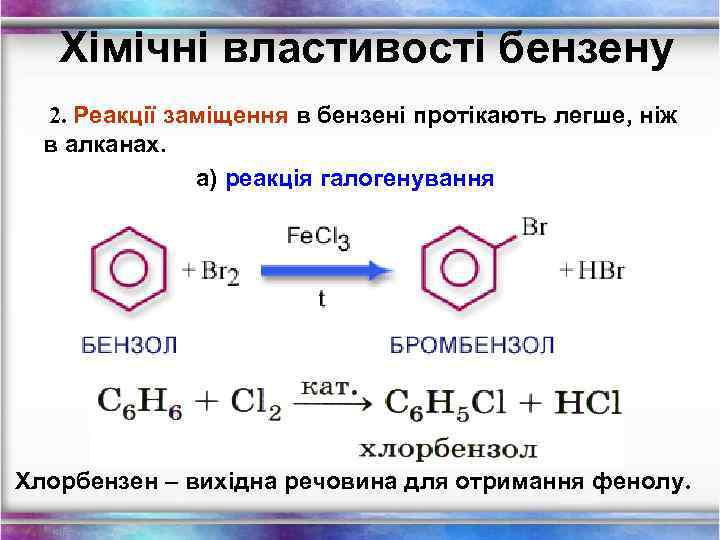 Хімічні властивості бензену 2. Реакції заміщення в бензені протікають легше, ніж в алканах. а)