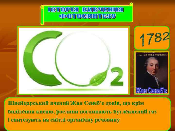 Швейцарський вчений Жан Сенеб’е довів, що крім виділення кисню, рослини поглинають вуглекислий газ і