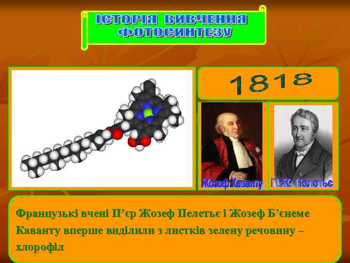 Французькі вчені П’єр Жозеф Пелетьє і Жозеф Б’єнеме Каванту вперше виділили з листків зелену