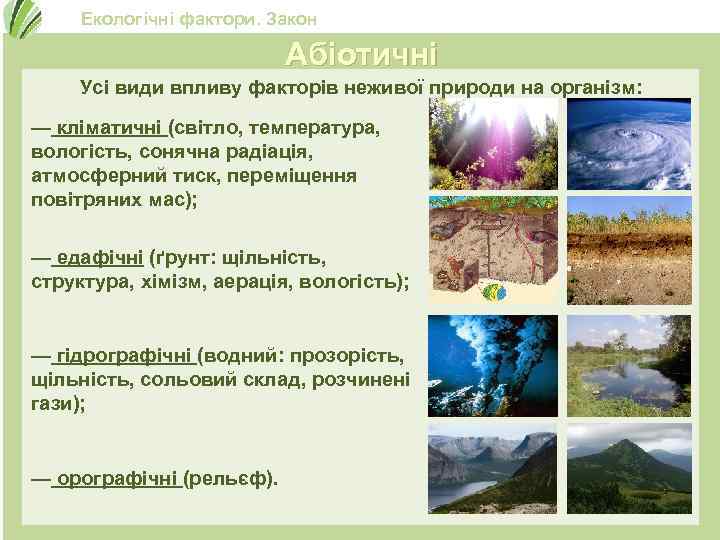 Екологічні фактори. Закон оптимуму Абіотичні Усі види впливу факторів неживої природи на організм: —