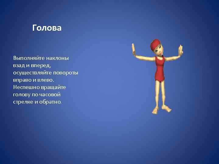 Голова Выполняйте наклоны взад и вперед, осуществляйте повороты вправо и влево. Неспешно вращайте голову