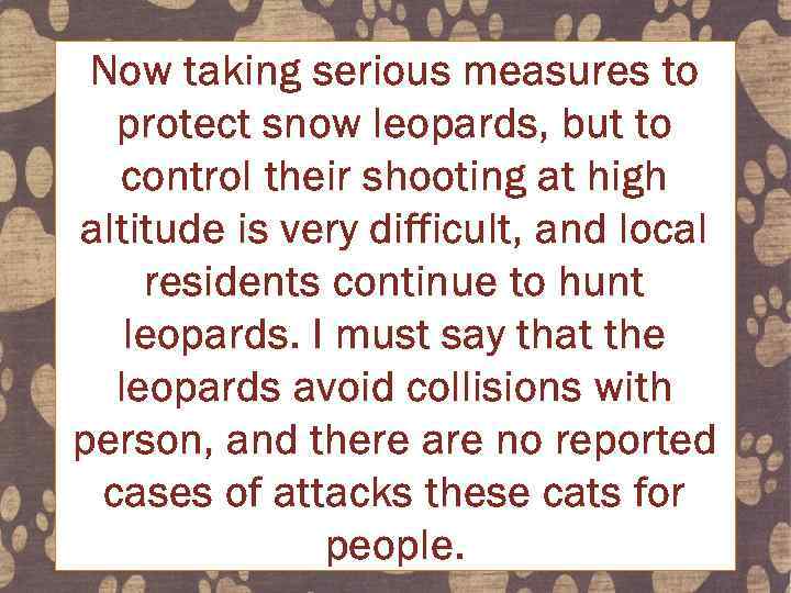 Now taking serious measures to protect snow leopards, but to control their shooting at