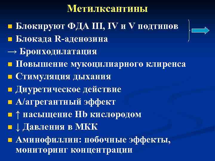 Метилксантины Блокируют ФДА III, IV и V подтипов n Блокада R-аденозина → Бронходилатация n