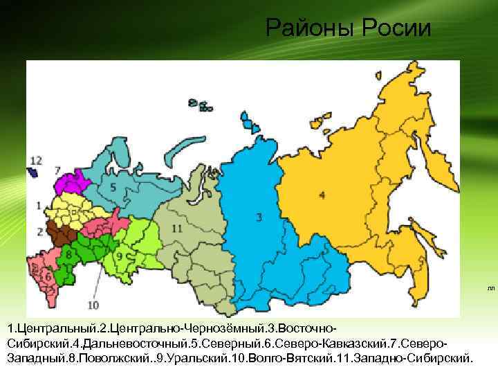 Районы Росии лл 1. Центральный. 2. Центрально-Чернозёмный. 3. Восточно. Сибирский. 4. Дальневосточный. 5. Северный.