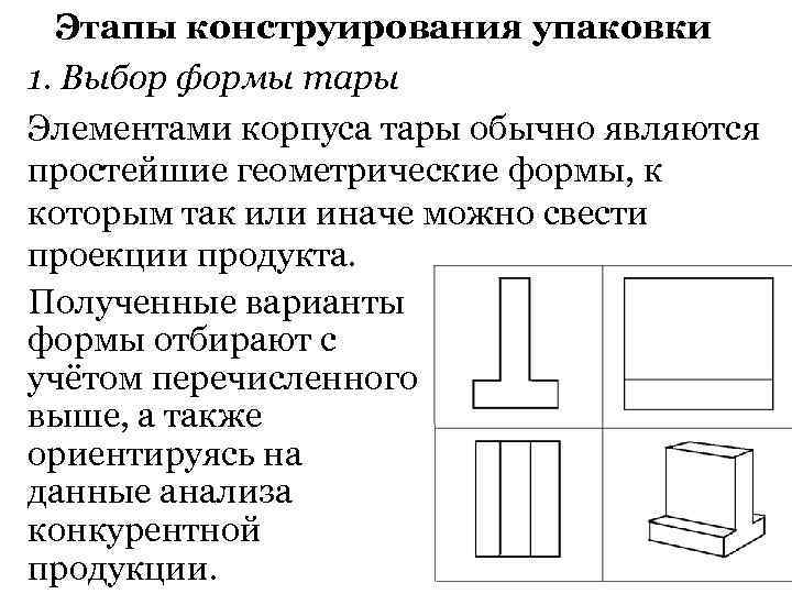 Этапы конструирования упаковки 1. Выбор формы тары Элементами корпуса тары обычно являются простейшие геометрические