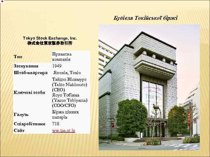 Будівля Токійської біржі Tokyo Stock Exchange, Inc. 株式会社東京証券取引所 Тип Заснування Штаб-квартира Ключові особи Галузь