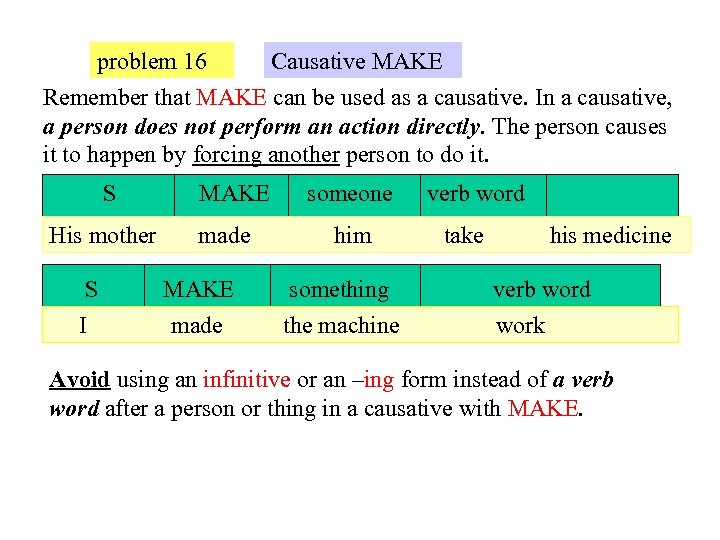 problem 16 Causative MAKE Remember that MAKE can be used as a causative. In