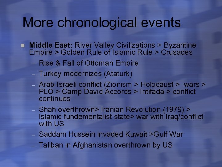 More chronological events n Middle East: River Valley Civilizations > Byzantine Empire > Golden