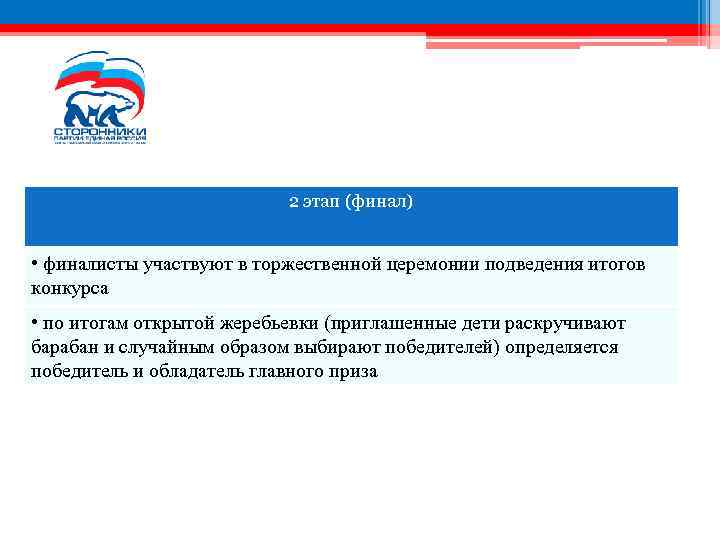 2 этап (финал) • финалисты участвуют в торжественной церемонии подведения итогов конкурса • по