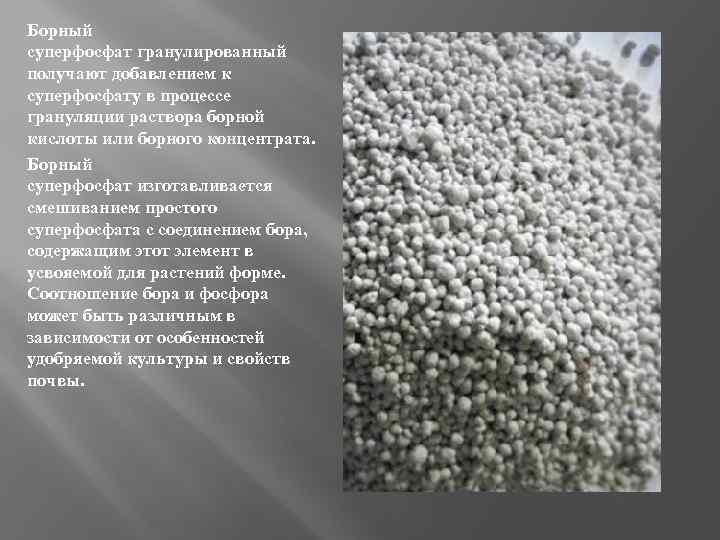 Борный суперфосфат гранулированный получают добавлением к суперфосфату в процессе грануляции раствора борной кислоты или
