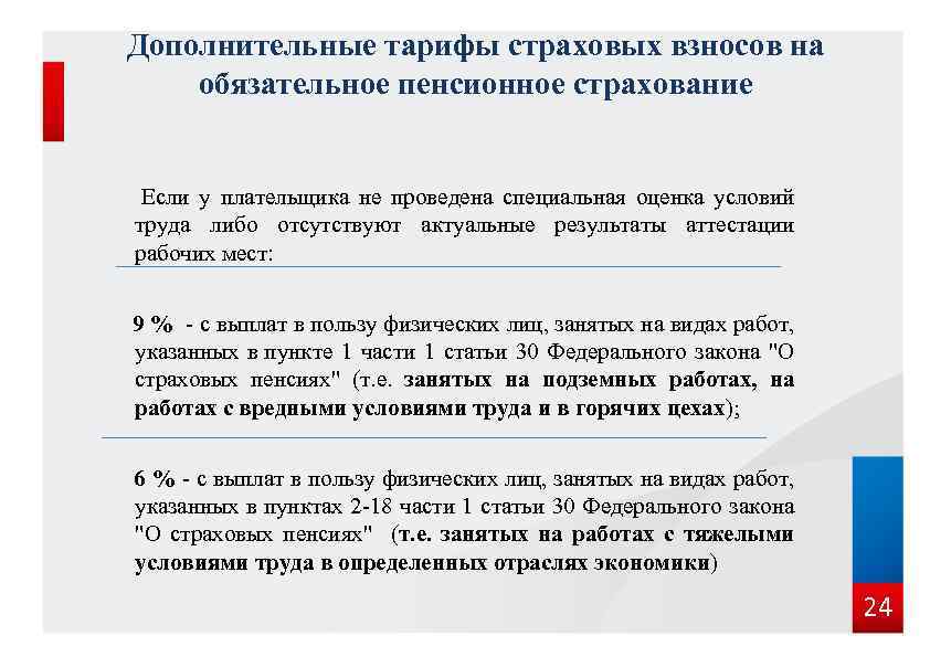 Дополнительные тарифы страховых взносов на обязательное пенсионное страхование Если у плательщика не проведена специальная