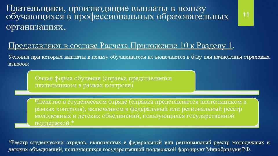 Плательщики, производящие выплаты в пользу обучающихся в профессиональных образовательных организациях. 11 Представляют в составе