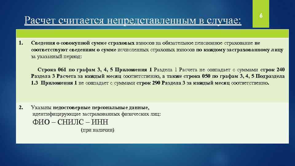 Расчет считается непредставленным в случае: 1. 6 Сведения о совокупной сумме страховых взносов на