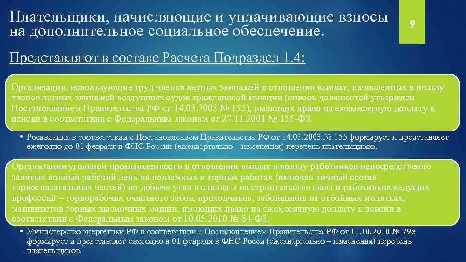 Плательщики, начисляющие и уплачивающие взносы на дополнительное социальное обеспечение. 9 Представляют в составе Расчета