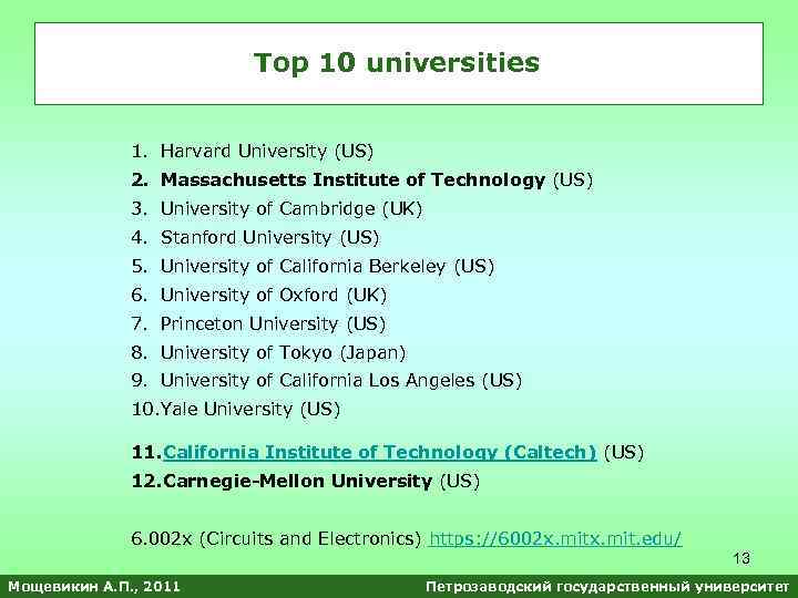 Top 10 universities 1. Harvard University (US) 2. Massachusetts Institute of Technology (US) 3.
