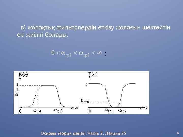 в) жолақтық фильтрлердің өткізу жолағын шектейтін екі жиілігі болады: ; Основы теории цепей. Часть