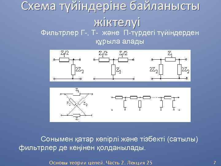 Схема түйіндеріне байланысты жіктелуі Фильтрлер Г-, Т- және П-түрдегі түйіндерден құрыла алады Сонымен қатар