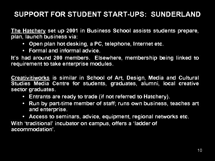 SUPPORT FOR STUDENT START-UPS: SUNDERLAND The Hatchery set up 2001 in Business School assists