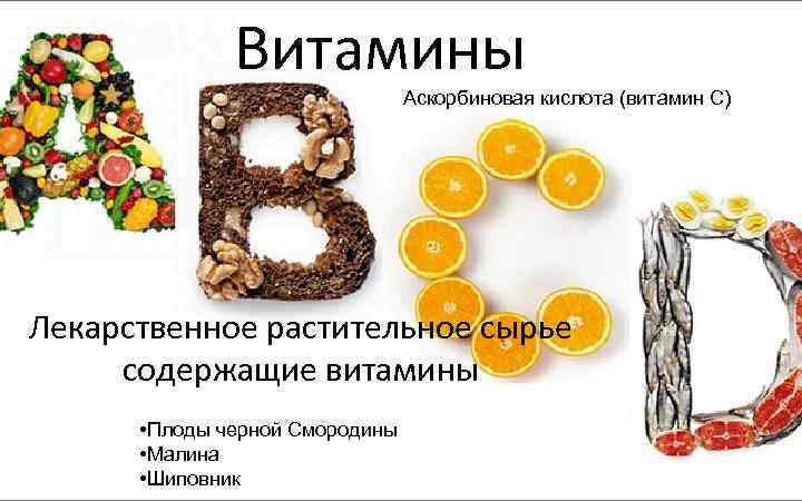 Витамины Аскорбиновая кислота (витамин С) Лекарственное растительное сырье содержащие витамины • Плоды черной Смородины