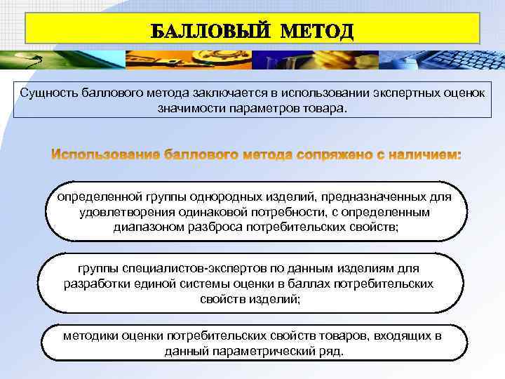 Сущность баллового метода заключается в использовании экспертных оценок значимости параметров товара. Использование баллового метода