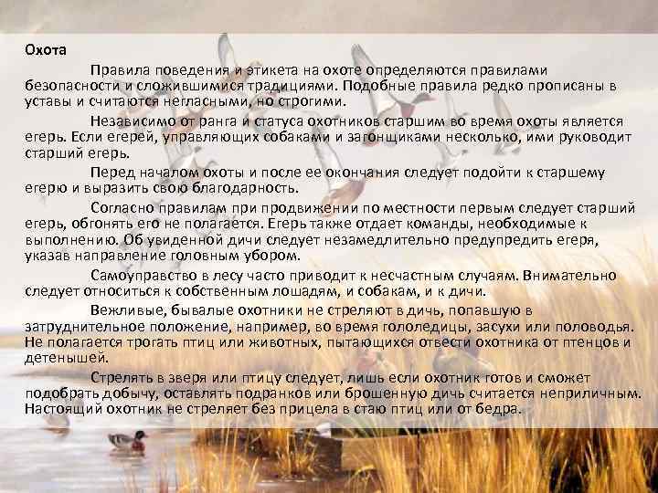 Охота Правила поведения и этикета на охоте определяются правилами безопасности и сложившимися традициями. Подобные