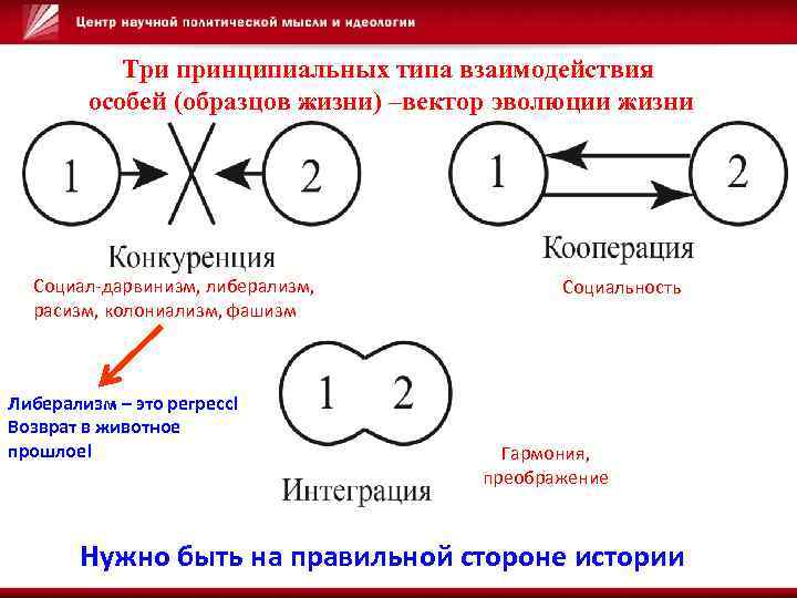 Три принципиальных типа взаимодействия особей (образцов жизни) –вектор эволюции жизни Социал-дарвинизм, либерализм, расизм, колониализм,