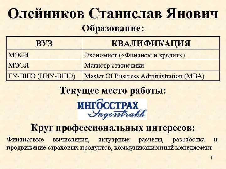 Олейников Станислав Янович Образование: ВУЗ КВАЛИФИКАЦИЯ МЭСИ Экономист ( «Финансы и кредит» ) МЭСИ