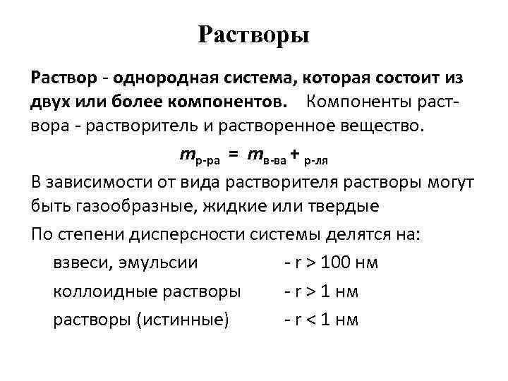 Компоненты раствора