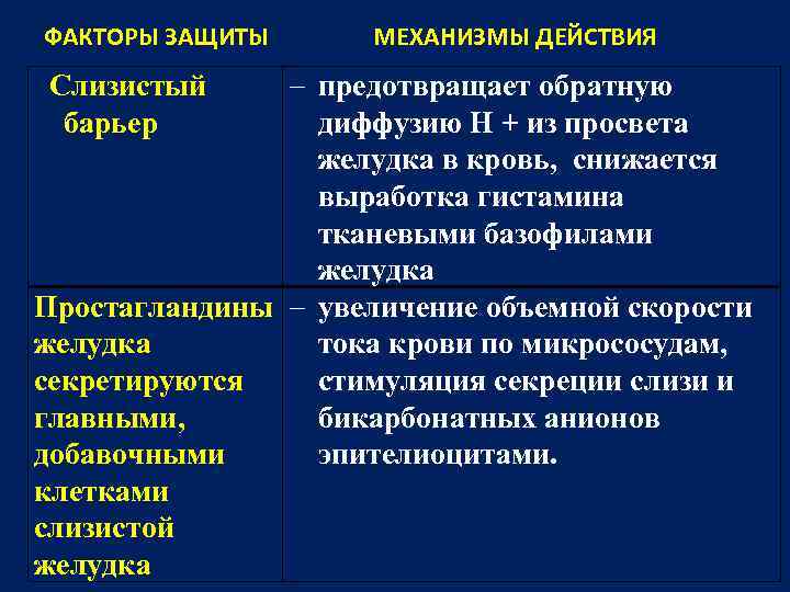 ФАКТОРЫ ЗАЩИТЫ МЕХАНИЗМЫ ДЕЙСТВИЯ предотвращает обратную диффузию Н + из просвета желудка в кровь,