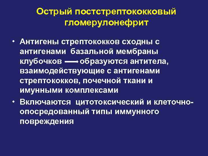 Острый постстрептококковый гломерулонефрит • Антигены стрептококков сходны с антигенами базальной мембраны клубочков образуются антитела,