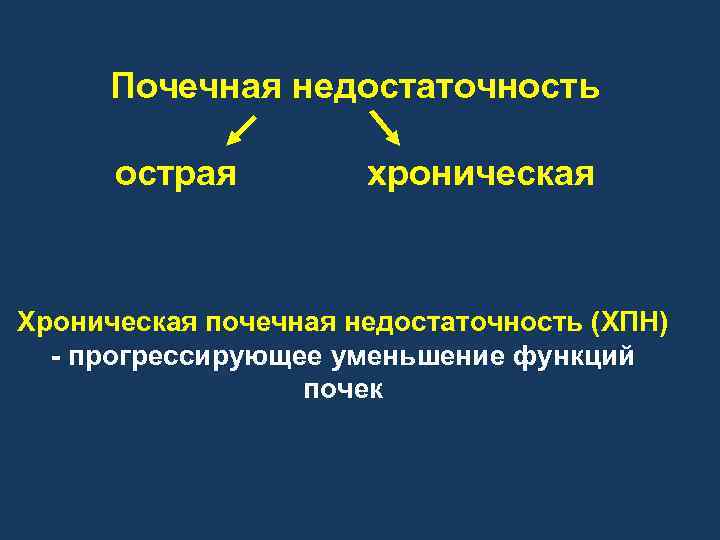 Почечная недостаточность острая хроническая Хроническая почечная недостаточность (ХПН) - прогрессирующее уменьшение функций почек 