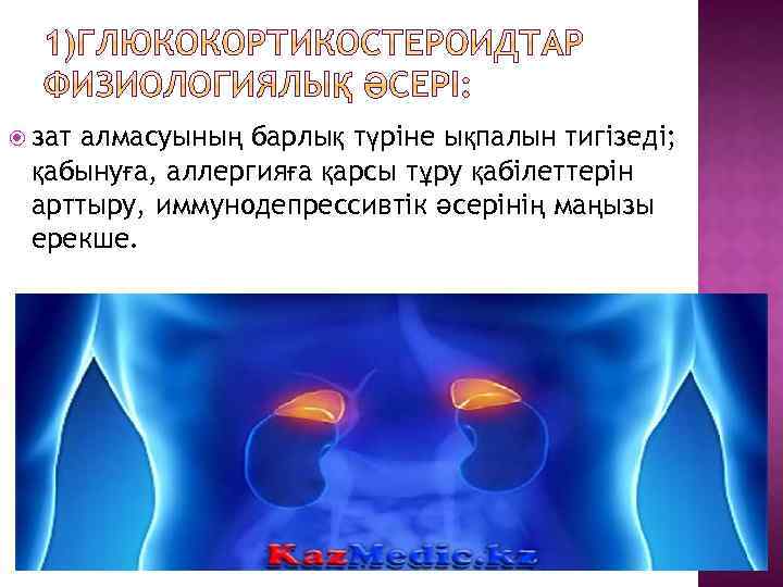  зат алмасуының барлық түріне ықпалын тигізеді; қабынуға, аллергияға қарсы тұру қабілеттерін арттыру, иммунодепрессивтік