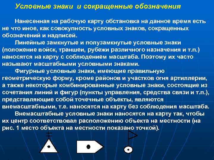 Условные знаки и сокращенные обозначения Нанесенная на рабочую карту обстановка на данное время есть