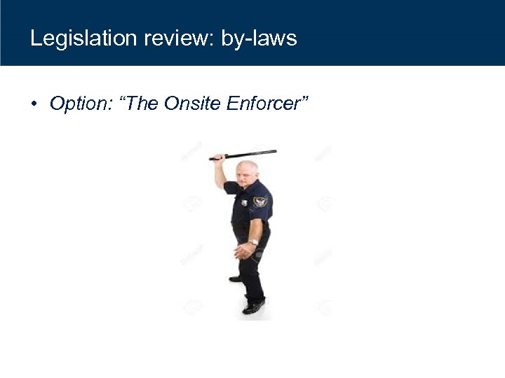 Legislation review: by-laws • Option: “The Onsite Enforcer” 