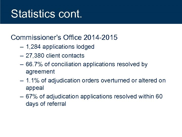 Statistics cont. Commissioner’s Office 2014 -2015 – 1, 284 applications lodged – 27, 380