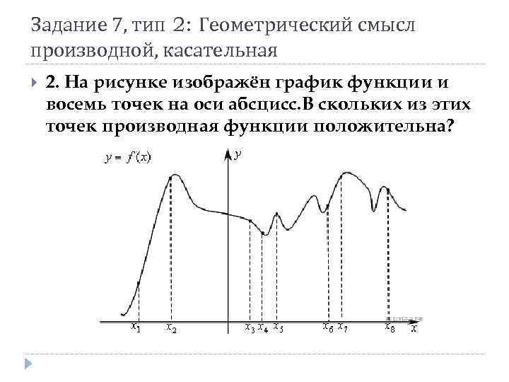 Задание 7, тип 2: Геометрический смысл производной, касательная 2. На рисунке изображён график функции