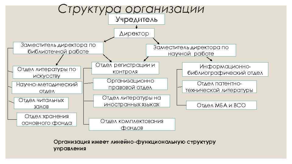 Структура организации Учредитель Директор Заместитель директора по библиотечной работе Отдел литературы по искусству Научно-методический