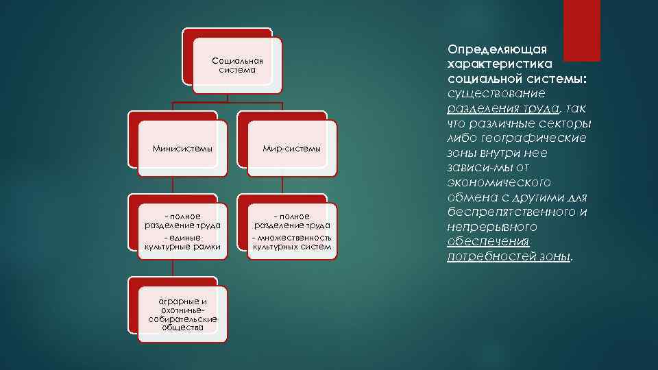 Социальная система Минисистемы Мир системы полное разделение труда единые культурные рамки полное разделение труда