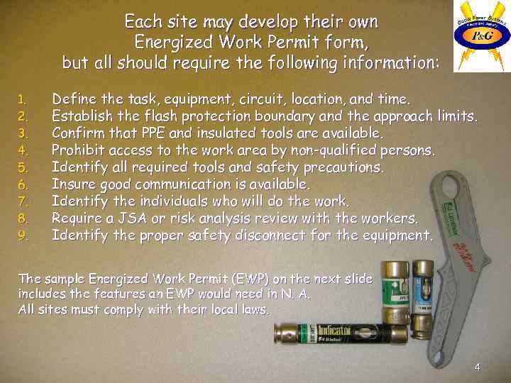 Each site may develop their own Energized Work Permit form, but all should require