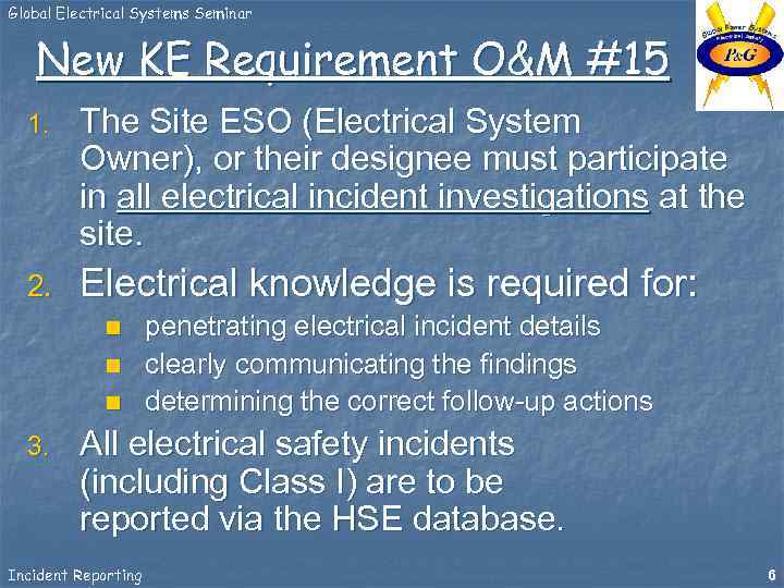 Global Electrical Systems Seminar New KE Requirement O&M #15 1. The Site ESO (Electrical