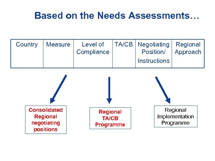 Based on the Needs Assessments… Country Measure Consolidated Regional negotiating positions April 2009 Level