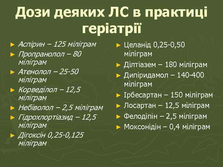 Дози деяких ЛС в практиці геріатрії Аспірин – 125 міліграм ► Пропранолол – 80