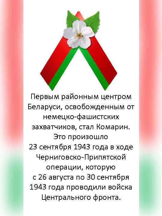 Первым районным центром Беларуси, освобожденным от немецко-фашистских захватчиков, стал Комарин. Это произошло 23 сентября