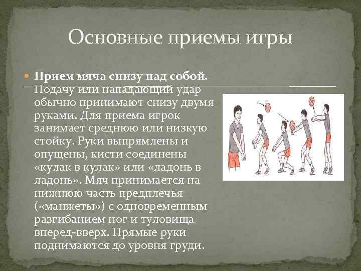 Основные приемы игры Прием мяча снизу над собой. Подачу или нападающий удар обычно принимают