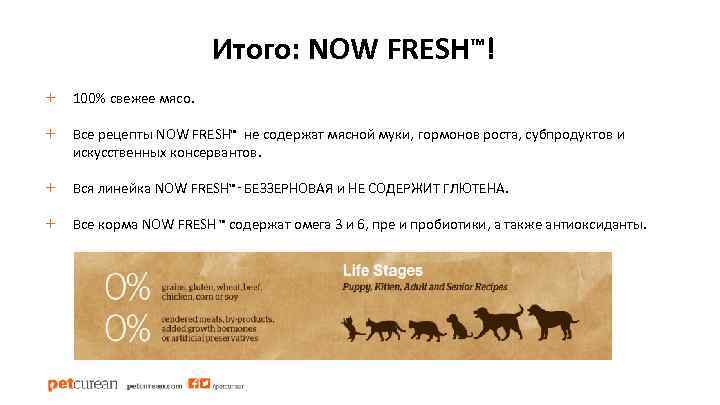 Итого: NOW FRESH™! + 100% свежее мясо. + Все рецепты NOW FRESH™ не содержат