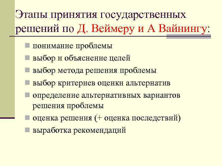 Этапы принятия государственных решений по Д. Веймеру и А Вайнингу: n понимание проблемы n